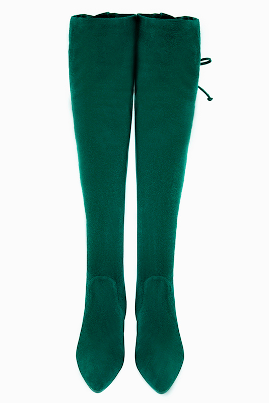 Emerald green women's leather thigh-high boots. Tapered toe. Low flare heels. Made to measure. Top view - Florence KOOIJMAN